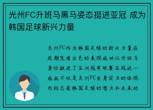 光州FC升班马黑马姿态挺进亚冠 成为韩国足球新兴力量